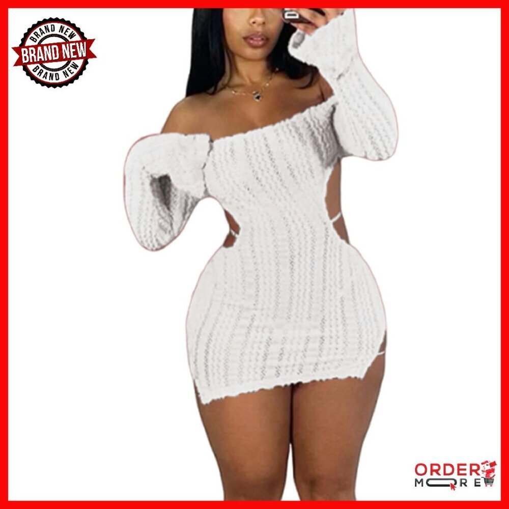 Off Shoulder Fuzzy Mini Dress Long Sleeve Strappy Backless Party Club